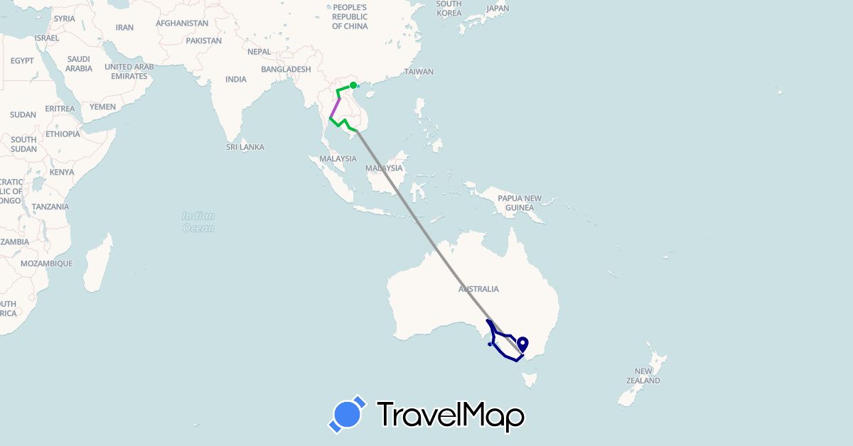 TravelMap itinerary: driving, bus, plane, train, boat in Australia, Cambodia, Laos, Thailand, Vietnam (Asia, Oceania)